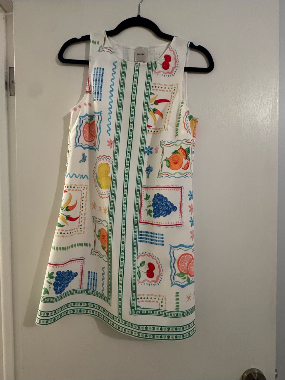 Maeve White A-Line Dress with Multicolor Fruit Motif